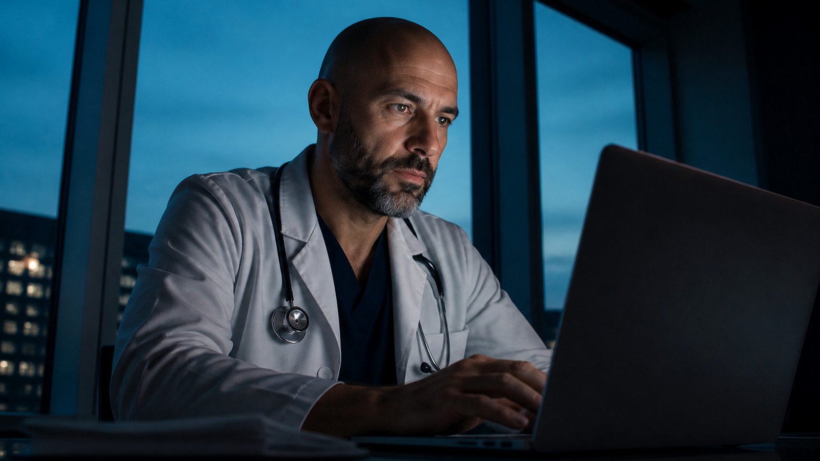 Médico analisando dados em laptop, com skyline ao entardecer ao fundo